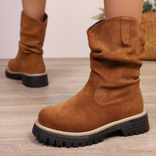 Damen weiche Wildleder-Stiefel mit lässigem Faltenlook und robuster Profilsohle R&B