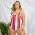 Damen Einteiliger Badeanzug mit modischem Streifenmuster R&B