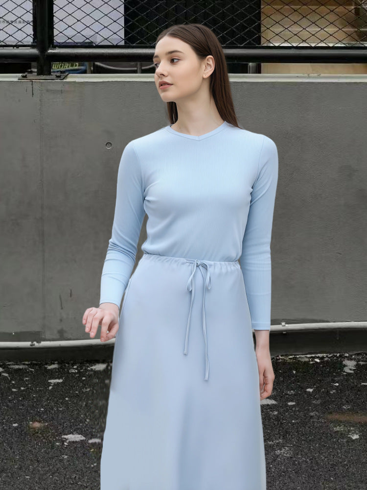 Damen Fließendes Maxikleid mit eleganten langen Ärmeln und taillierbarem Bund R&B