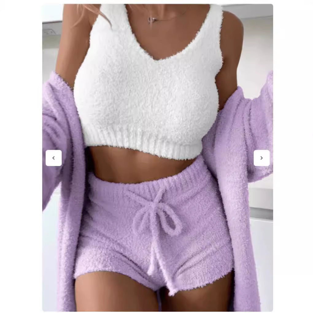 Damen kuscheliges Lounge-Set mit Cropped Top und Shorts