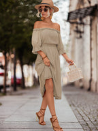 Damen Off-Shoulder Maxikleid mit elastischem Tailleneinsatz und Rüschendetails R&B