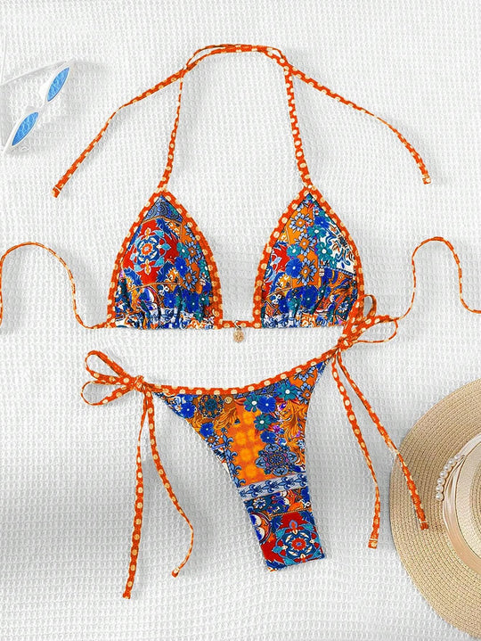 Damen Triangel-Bikini mit buntem floralen Mustermix und verstellbaren Trägern R&B
