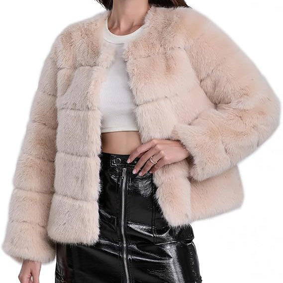 Damen Kuschelige Kunstpelzjacke mit modischem Puffärmel-Design R&B
