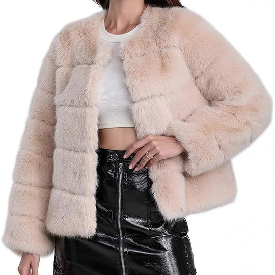 Damen Kuschelige Kunstpelzjacke mit modischem Puffärmel-Design R&B