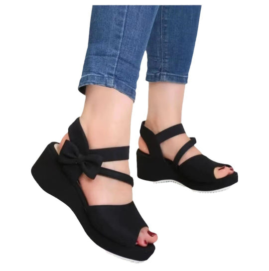 Damen Wedge-Sandalen mit dekorativem Schleifen-Detail und elastischem Riemen R&B