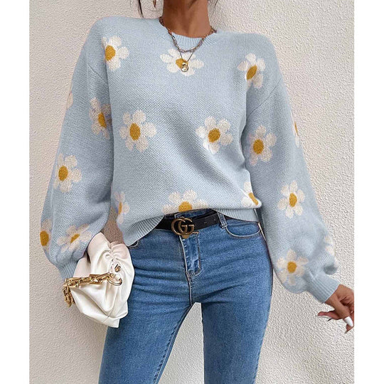 Damen Pullover mit floralem Muster und voluminösen Ärmeln R&B