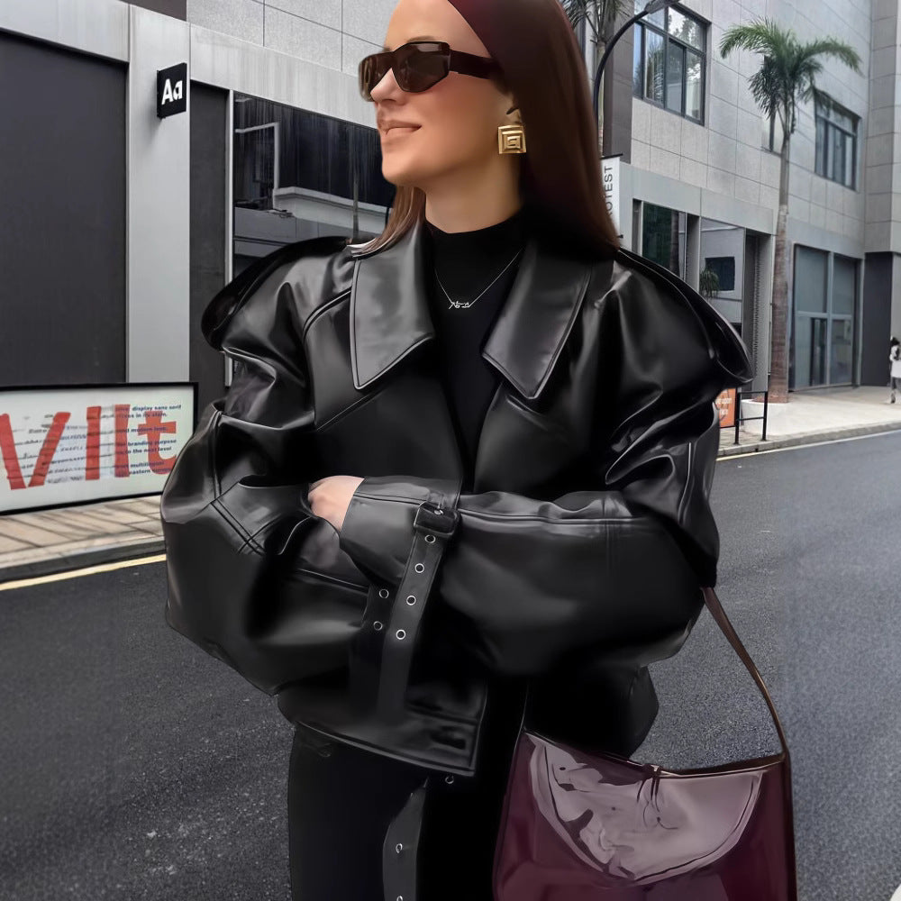 Damen oversized Kunstlederjacke mit statement-Manschetten R&B