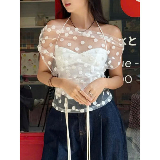 Damen Elegantes off-shoulder Oberteil mit Polka-Dots und Raffung R&B