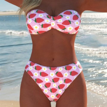 Damen Bandeau-Bikini mit hochgeschnittenen Pants und buntem Bedruck R&B