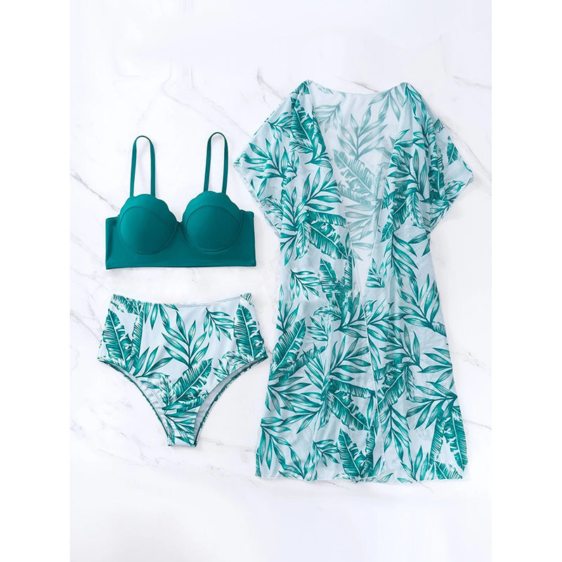 Damen Hochgeschnittener Bikini mit elegantem Scalloped-Oberteil und floralem Cover-Up R&B