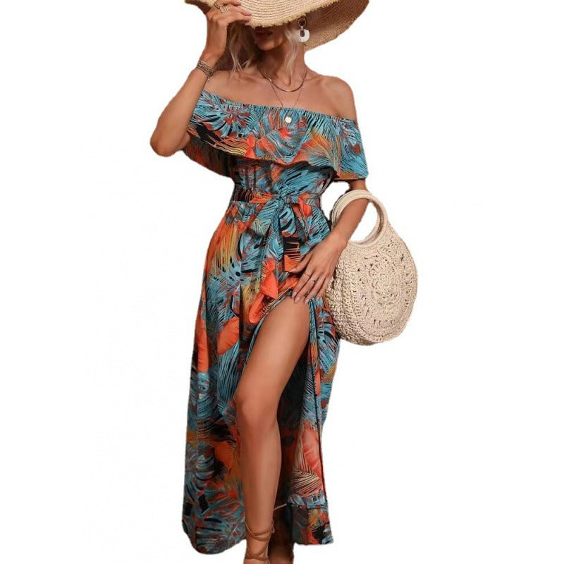 Damen Maxikleid mit Off-Shoulder-Ausschnitt und tiefem Schlitz R&B