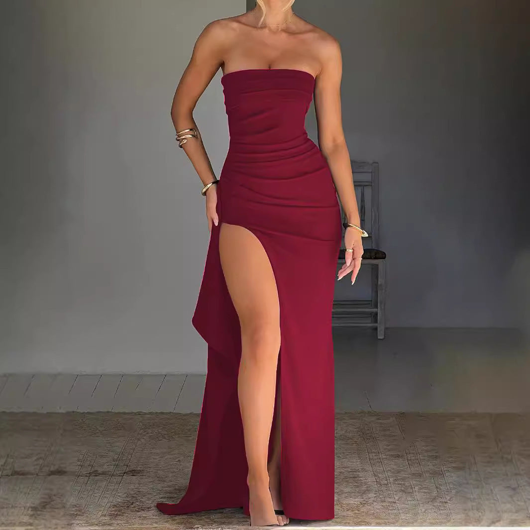 Damen Maxikleid mit trägerlosem Oberteil und elegantem Schlitz R&B