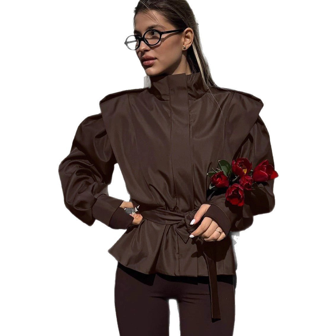 Damen elegante Utility-Jacke mit hochgeschlossenem Kragen und Taillengürtel R&B