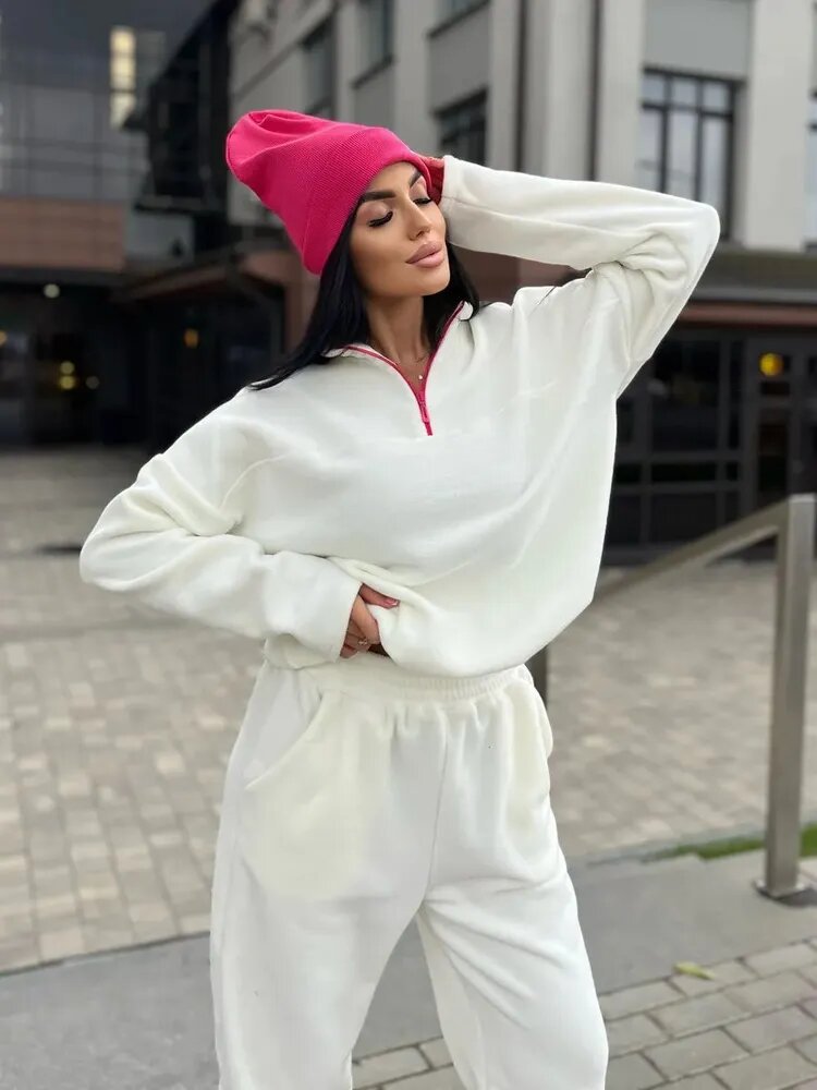 Damen Kuscheliges Fleece-Loungewear-Set mit Halb-Reißverschluss und elastischem Bund R&B