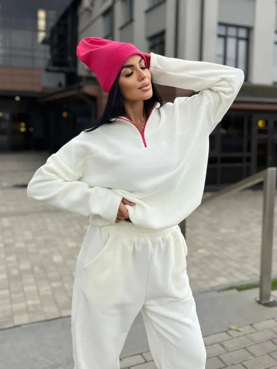 Damen Kuscheliges Fleece-Loungewear-Set mit Halb-Reißverschluss und elastischem Bund R&B