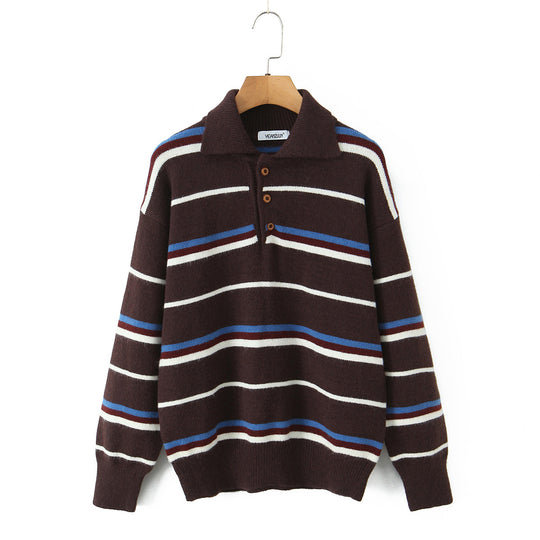 Damen gestreifter Poloshirt-Strickpullover R&B
