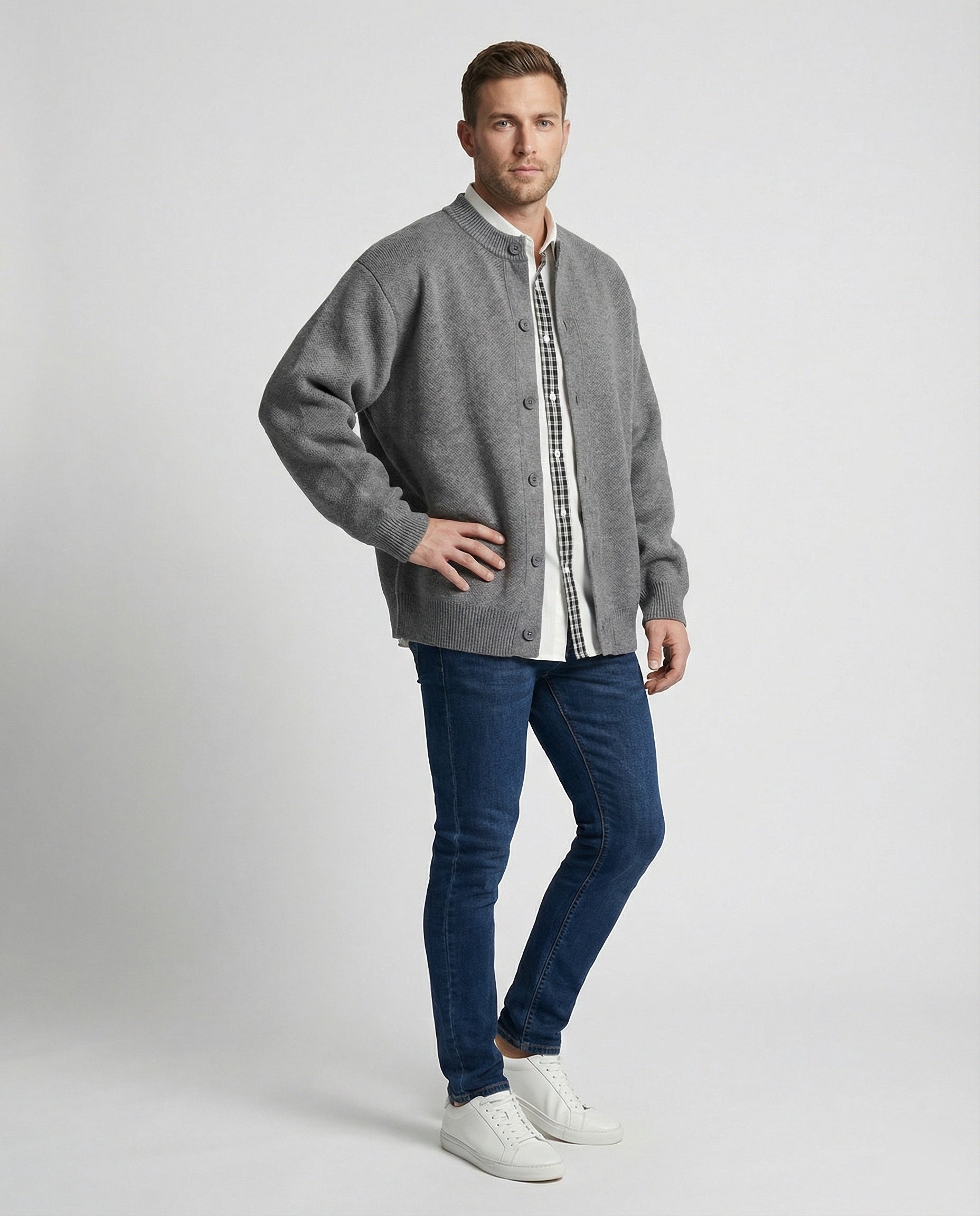 Retro Strickjacke im Lagenlook mit Karomuster für Damen und Herren