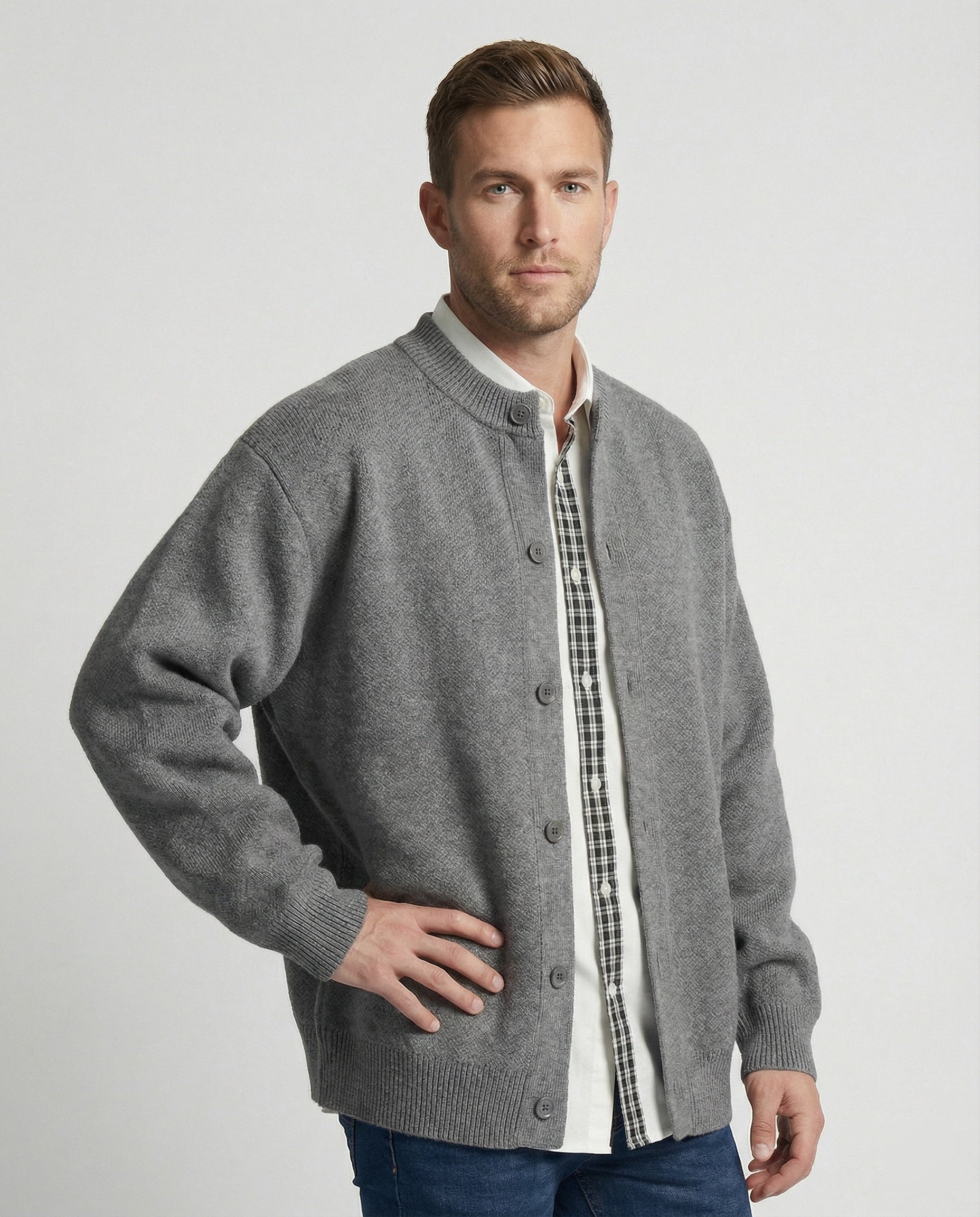 Retro Strickjacke im Lagenlook mit Karomuster für Damen und Herren