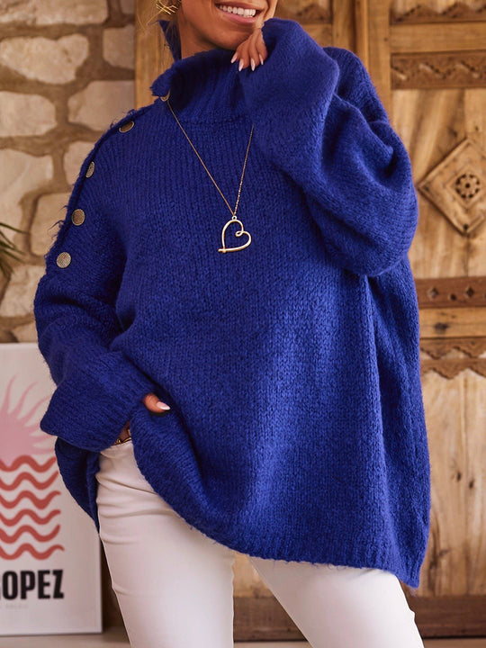 Damen Grobstrickpullover mit hohem Kragen und modischen Knopfdetails R&B