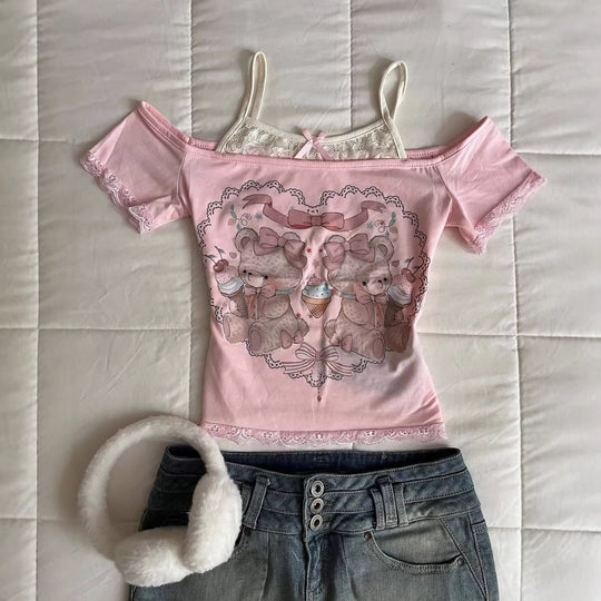 Damen Verspieltes T-Shirt mit Spitzenapplikationen und süßem Bärenmotiv R&B