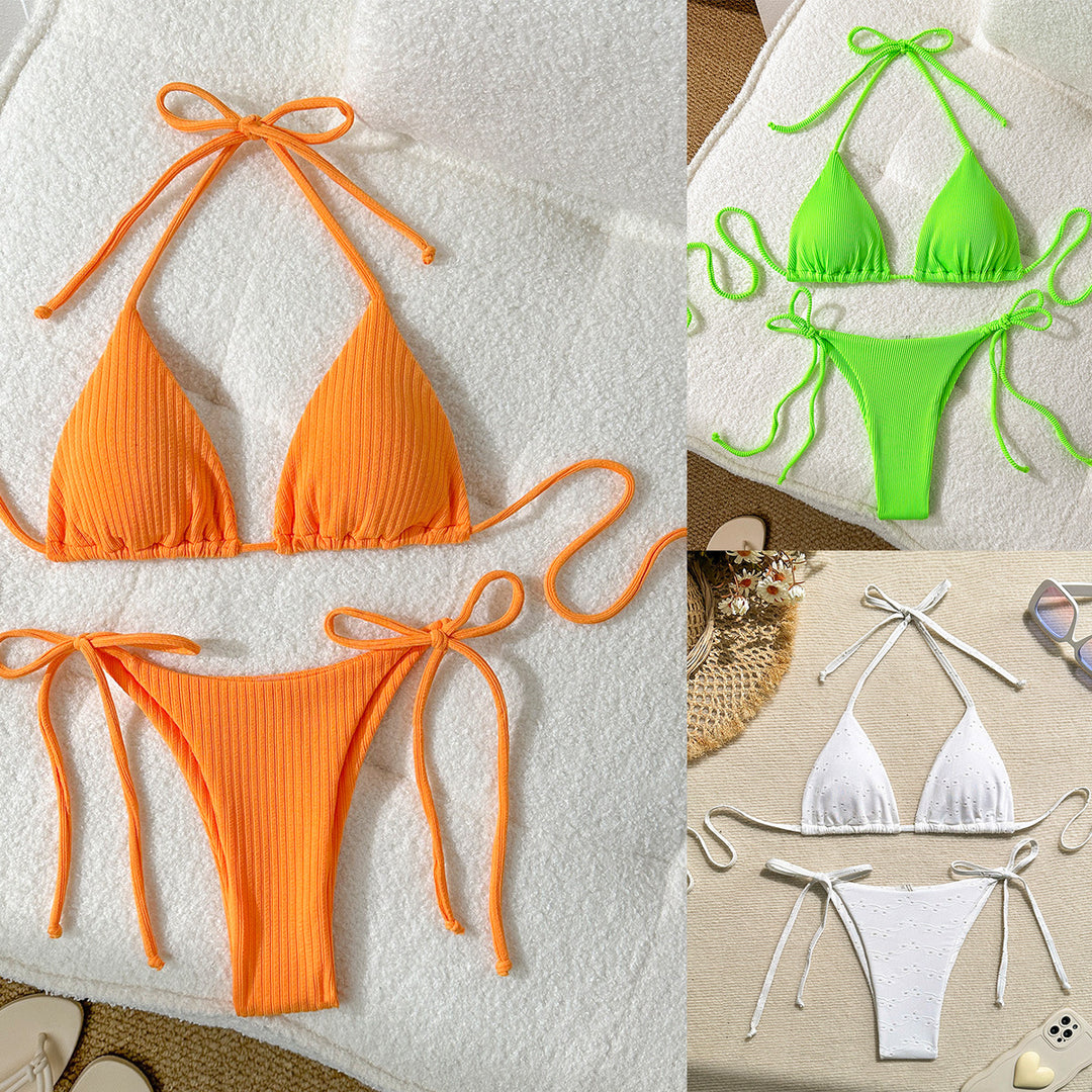 Damen Triangel-Bikini mit elastischen Bindebändern und Ripp-Optik R&B