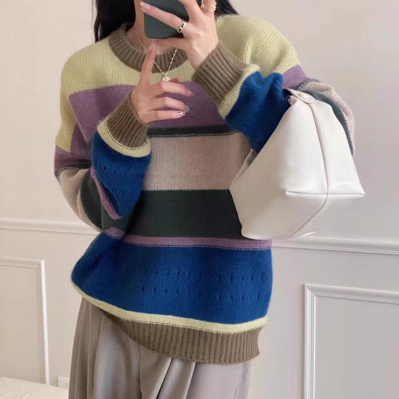 Damen Grob gestrickter Pullover mit lässigen Streifen R&B