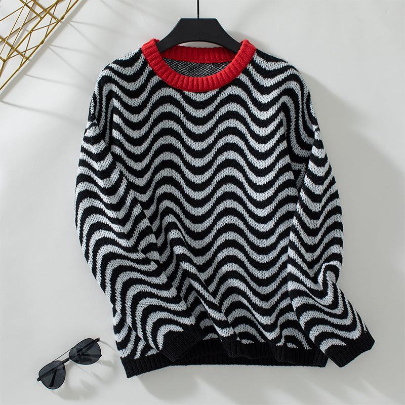 Damen gemütlicher Pullover mit modernen Wellenmustern und minimalistischer Passform R&B