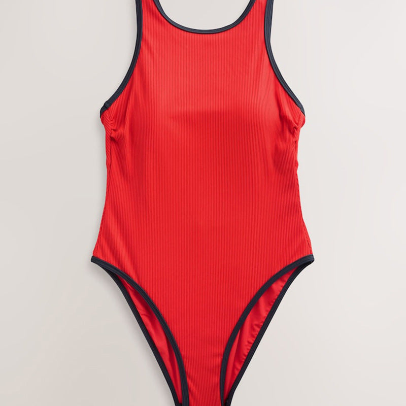 Damen sportlicher Einteiler Badeanzug mit Rippstruktur R&B