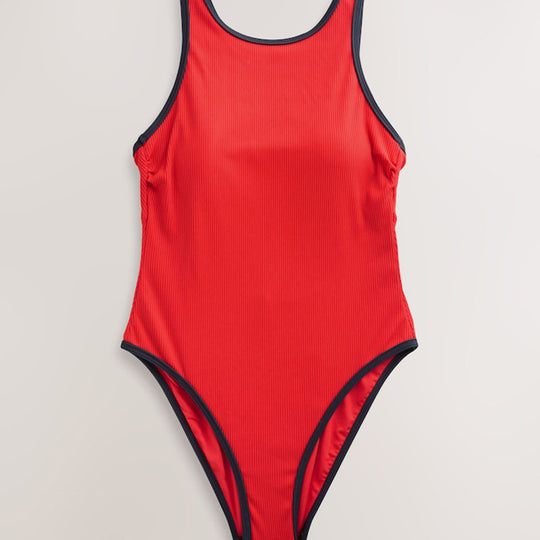 Damen sportlicher Einteiler Badeanzug mit Rippstruktur R&B