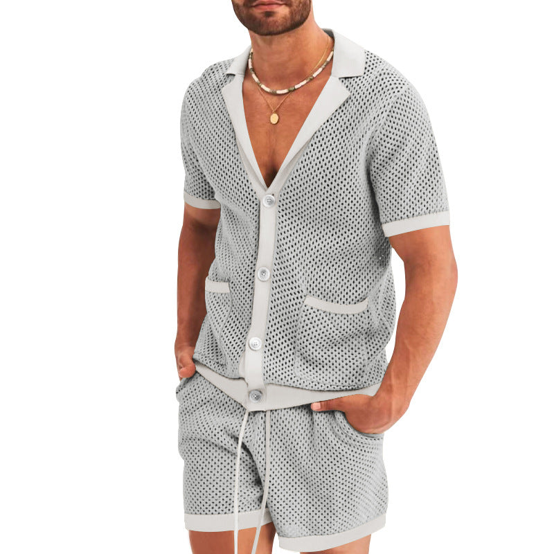 Herren nan offener Netzstrick-Cardigan mit passenden Kordelzug-Shorts R&B