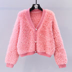 Damen Flauschiger Kurz-Cardigan mit dezenten Knopfdetails