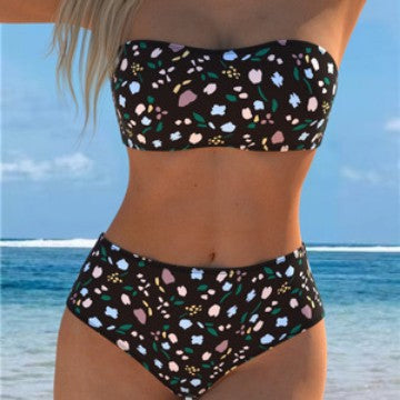 Damen Bandeau-Bikini mit floralem Muster und hohem Taillenschnitt R&B
