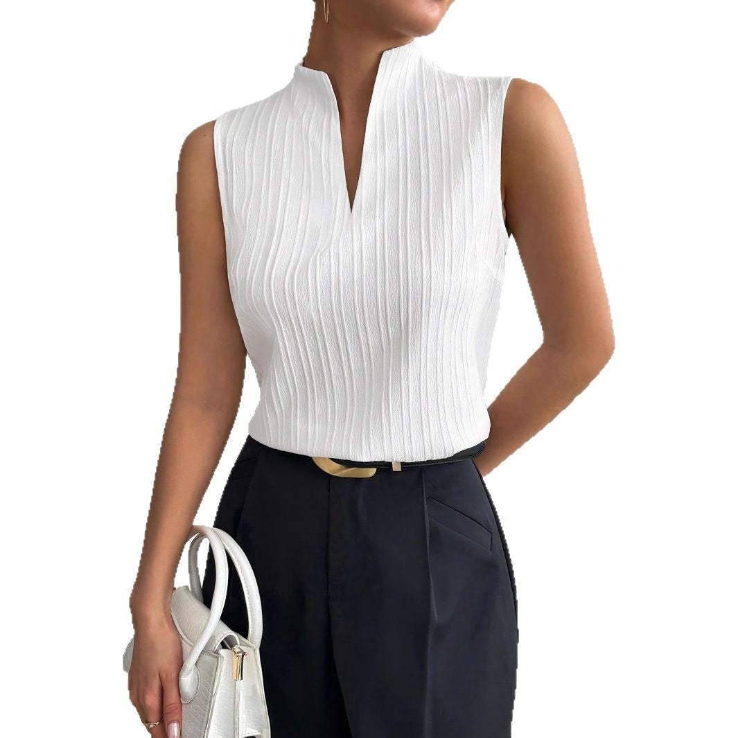 Damen Elegantes Top mit Stehkragen und feinen Plisseefalten R&B