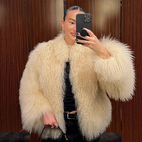 Damen elegante Kunstfelljacke mit voluminösem Kragen R&B