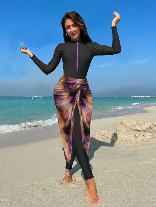 Damen Modischer UV-Schutz-Schwimmanzug mit langem Arm und asymmetrischem Rock R&B