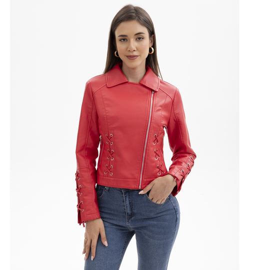 Damen modische Kunstlederjacke mit raffinierten Schnürdetails R&B