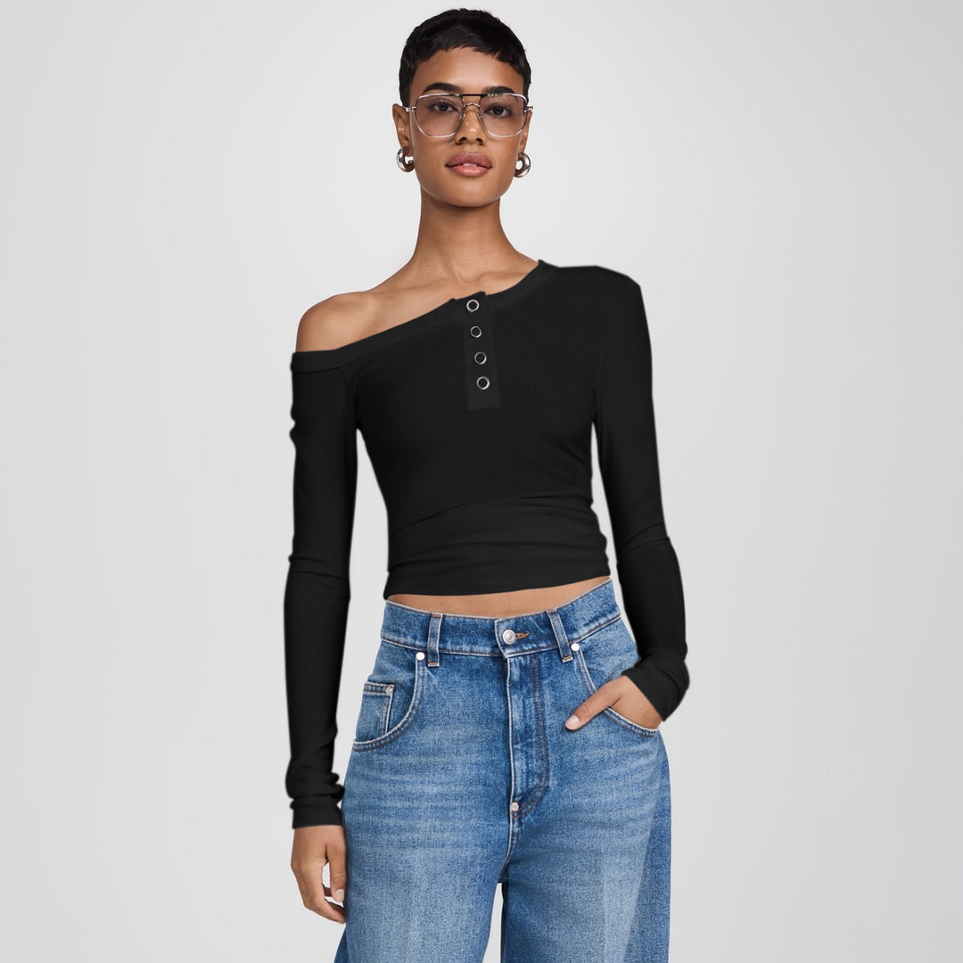 Damen asymmetrisches Langarmshirt mit Knopfleiste und figurbetontem Schnitt R&B