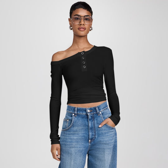 Damen asymmetrisches Langarmshirt mit Knopfleiste und figurbetontem Schnitt R&B