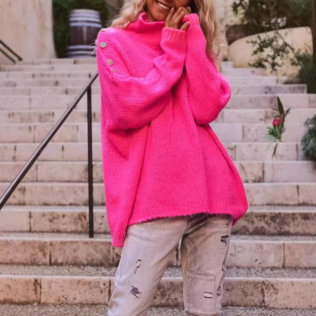 Damen Grobstrickpullover mit hohem Kragen und modischen Knopfdetails R&B