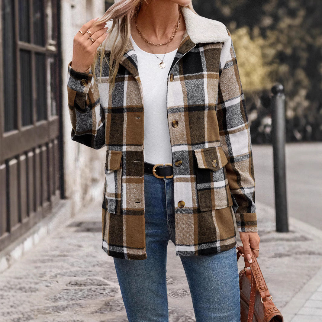 Damen lässige Karojacke mit weichem Innenfutter und praktischen Taschen R&B