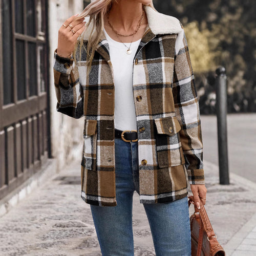 Damen lässige Karojacke mit weichem Innenfutter und praktischen Taschen R&B