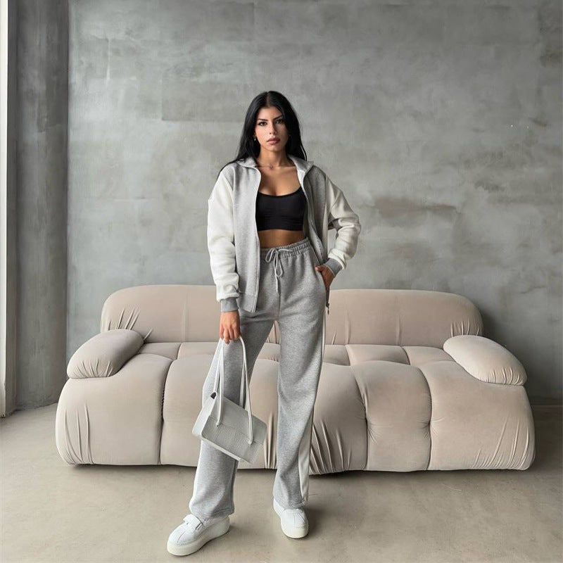 Damen sportlicher Velours Jogginganzug mit Reißverschluss und seitlichen Streifen R&B