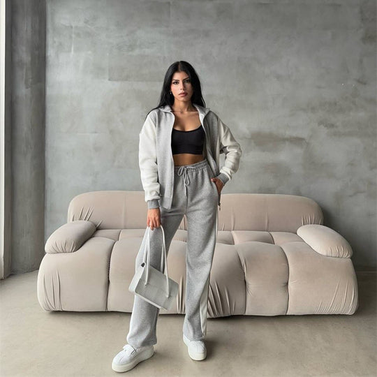 Damen sportlicher Velours Jogginganzug mit Reißverschluss und seitlichen Streifen R&B