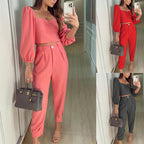 Damen Crop-Top und High-Waist Hose Set mit Puffärmeln R&B