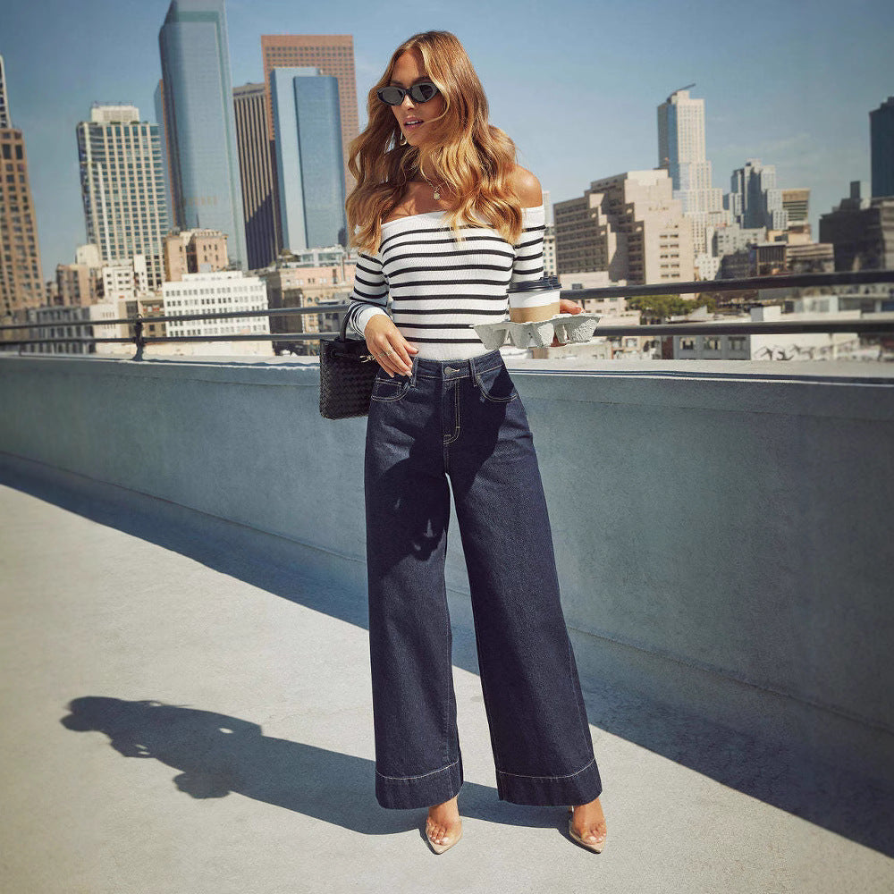Damen Weit geschnittene Jeanshose mit hohem Bund und eleganter Naht R&B