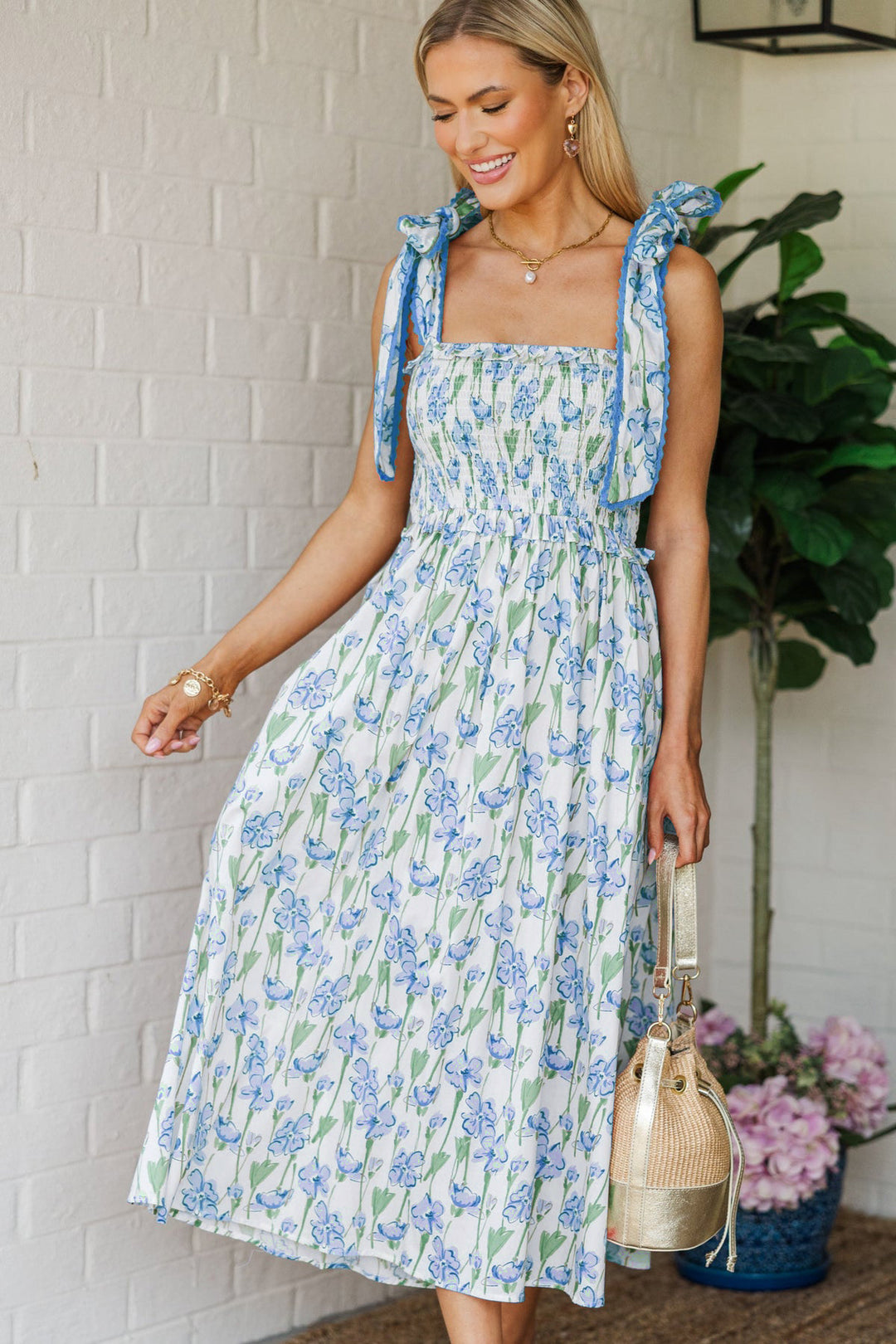 Damen Sommerkleid mit Raffung und schulterlangen Bindebändern R&B