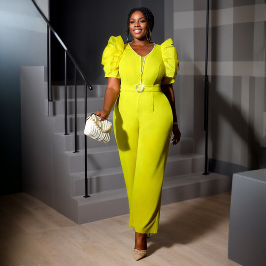 Damen eleganter Jumpsuit mit voluminösen Puffärmeln und Perlenakzent R&B