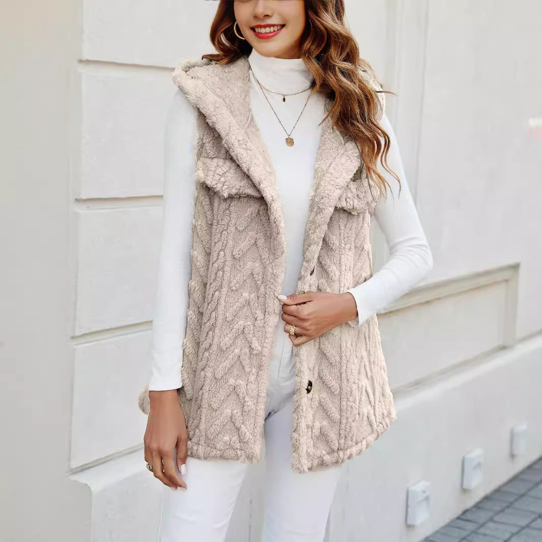 Damen lange Strickweste mit kapuze und aufgesetzten Taschen R&B