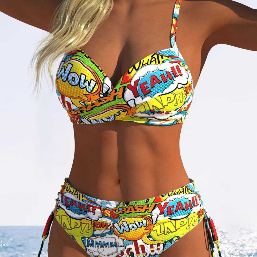 Damen Bikini-Set mit verspieltem Comic-Print und verstellbaren Seitenschnüren R&B