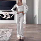 Damen Legeres Lounge-Set mit langärmligem Oberteil und flared Hose R&B